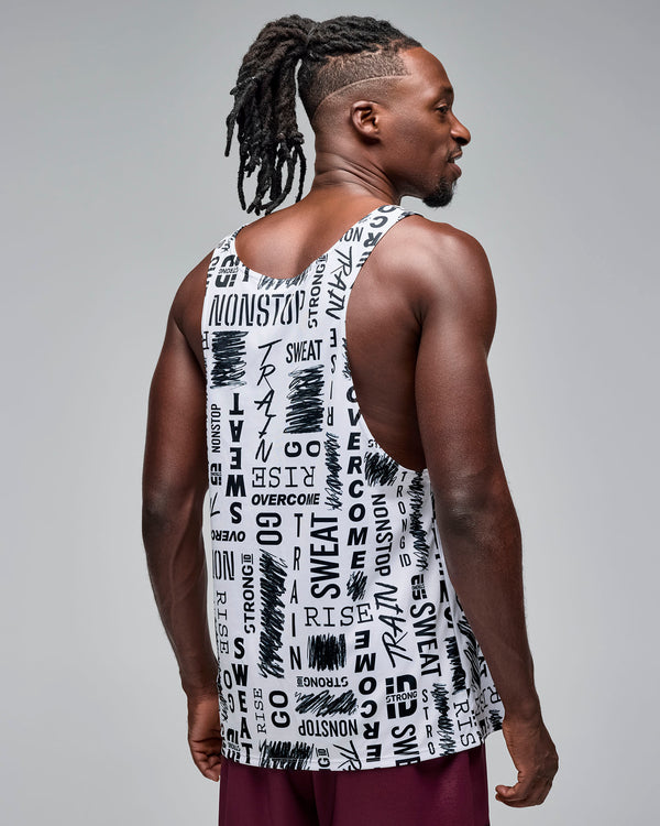 White graphic-print athletic tank with a scoop neckline and deep-cut armholes, shown from the back on a male model wearing burgundy athletic shorts against a light gray studio background.
