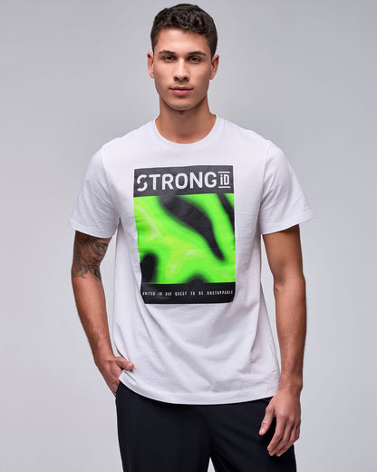 Male model in a white crew neck tee with a rectangular chest graphic: white 'STRONG iD' on black above a neon green and black swirl panel and the tagline 'UNITED IN OUR QUEST TO BE UNSTOPPABLE.'