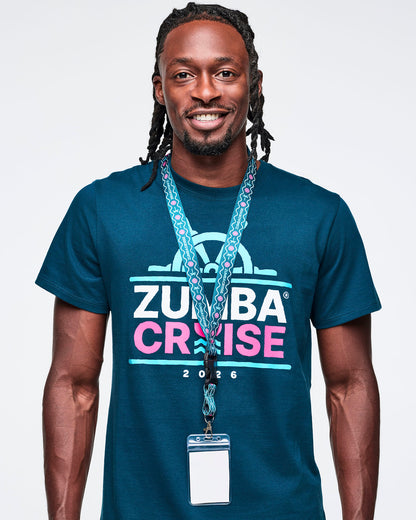 Male model wearing a blue t-shirt with a Zumba Cruise lanyard against a white background.