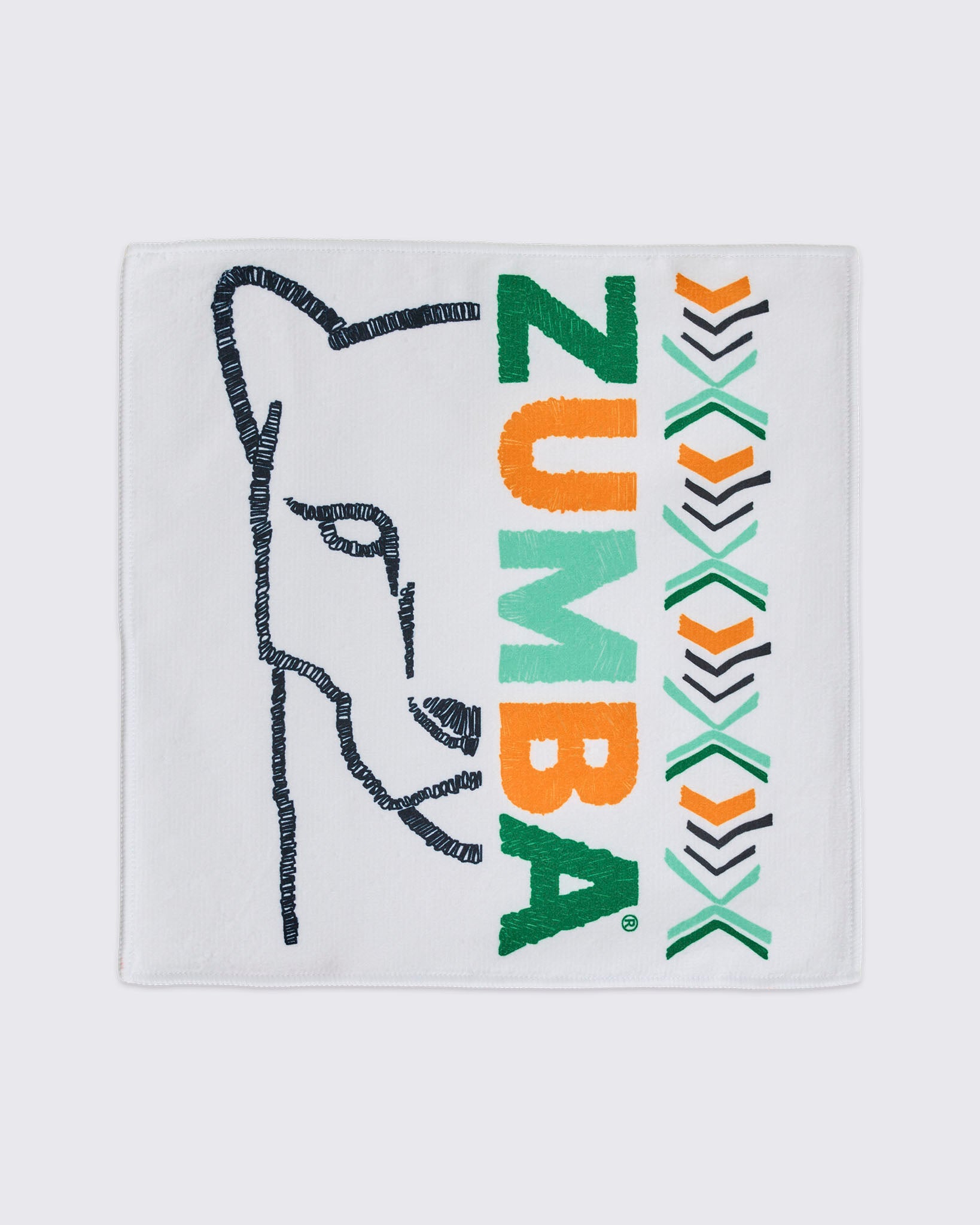 White square towel with a black embroidered lion outline, vertical multicolor ZUMBA lettering in green, orange, and mint, and matching chevron accents along one side.