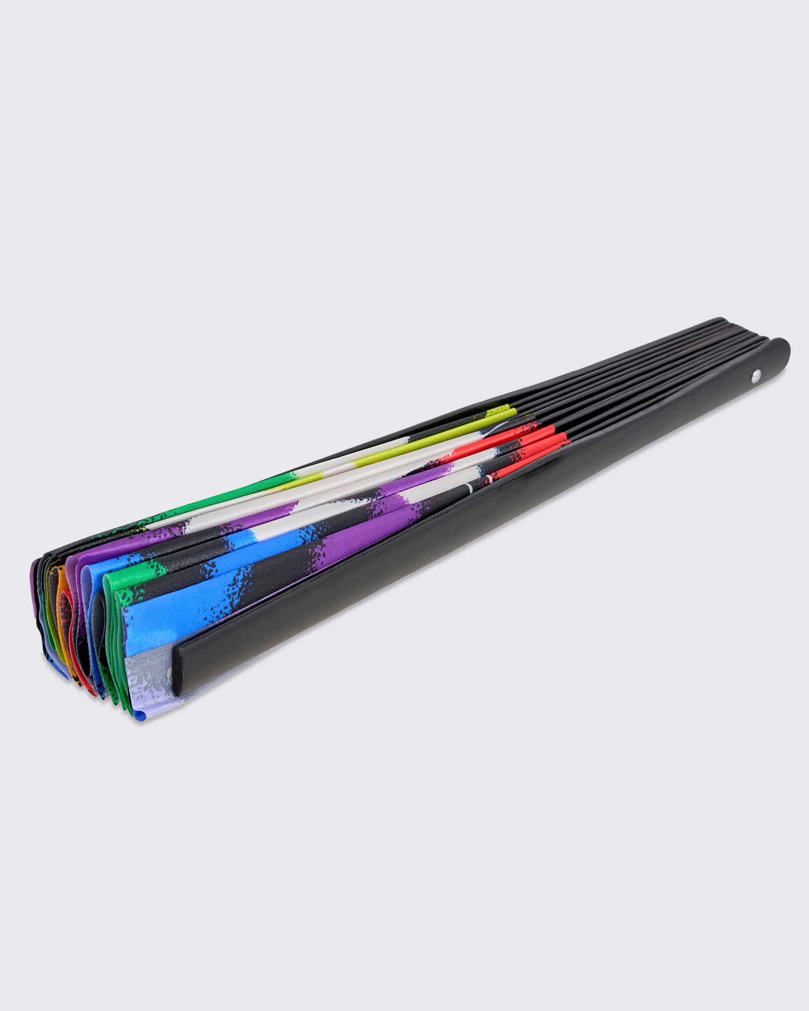 Colorful fan with a black handle and trim shown in the folded position against a white background.