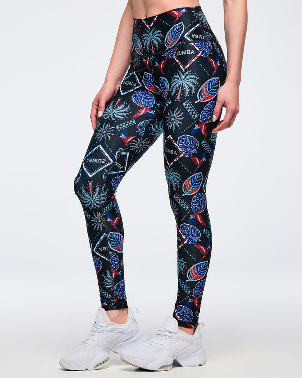 Latin Movement High Waisted Ankle Leggings - Blue/Red