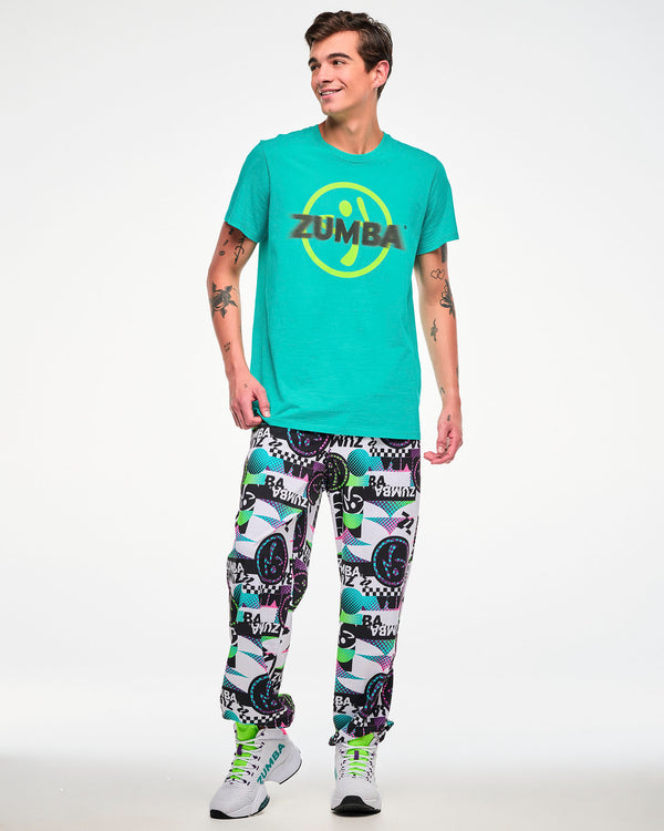 Male model wearing an aqua tee with a yellow Zumbito logo and black 