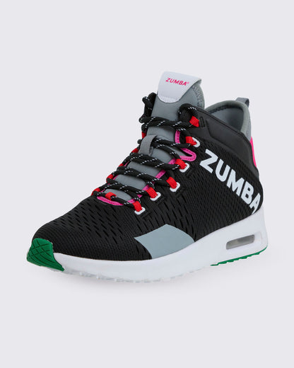 Black Zumba sneaker with gray and green accents on a white background.