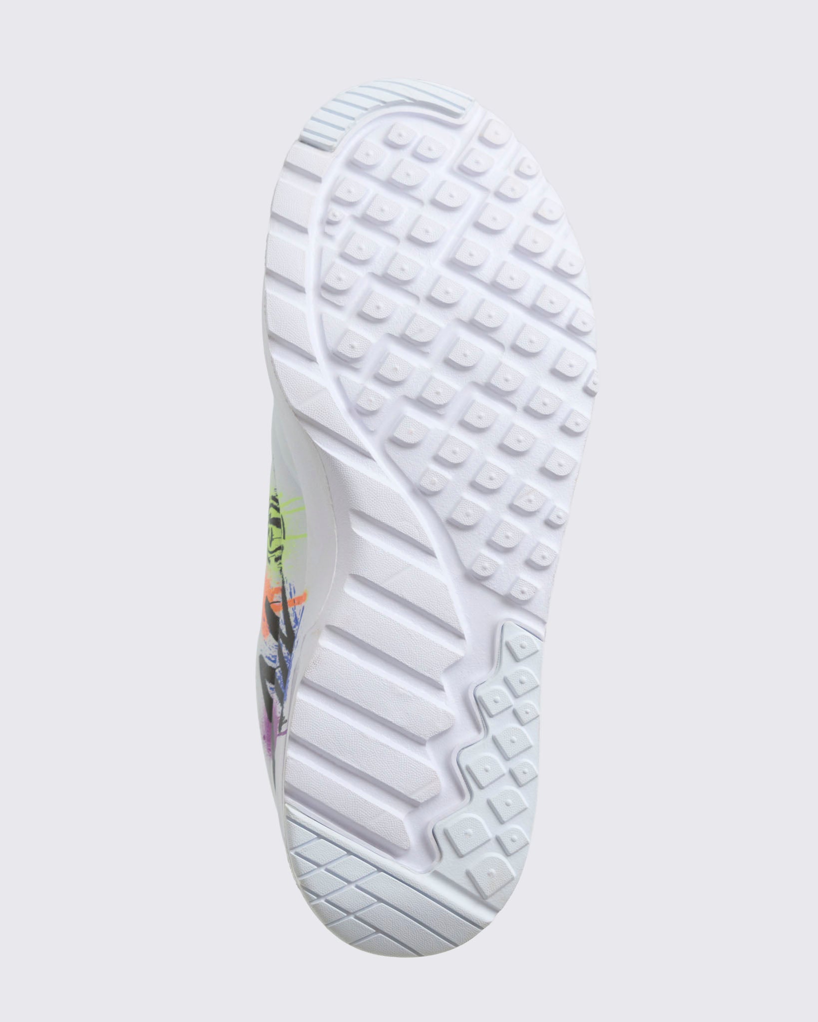 Close-up of a white Zumba sneaker sole with brand logo on a whitebackground.
