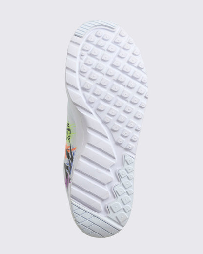 Close-up of a white Zumba sneaker sole with brand logo on a whitebackground.