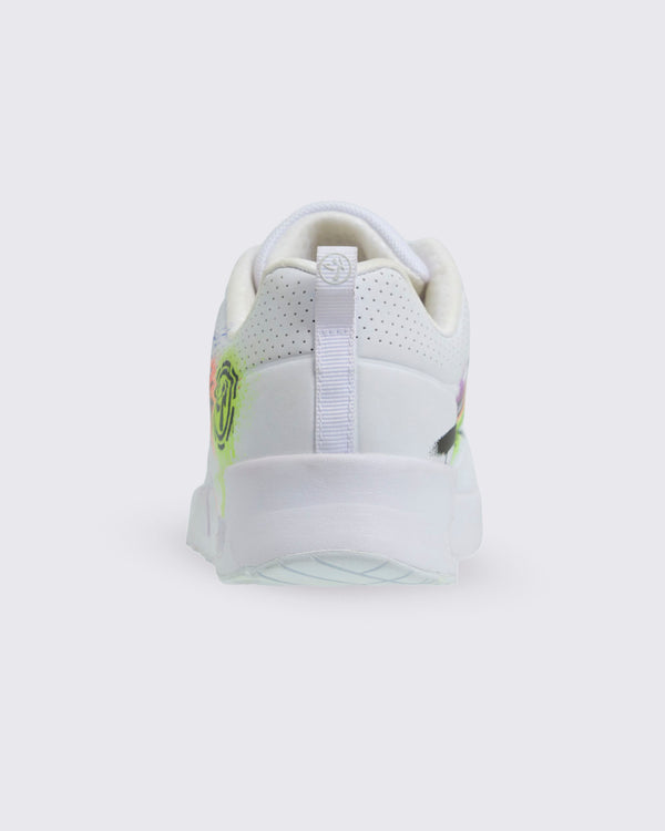 Back view of white Zumba sneaker showing white fabric heel loop against a white background.
