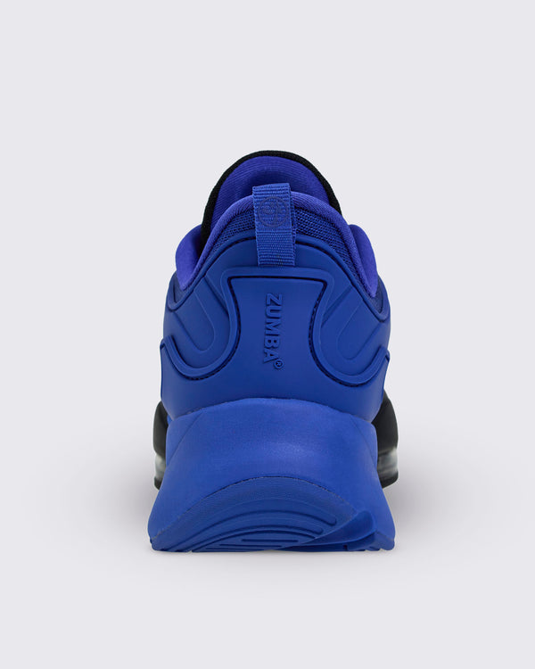 Rear view of blue Zumba sneaker with heel pull loop and embossed vertical 
