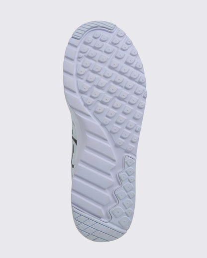 Close-up of a white shoe sole with tread pattern on a light gray background