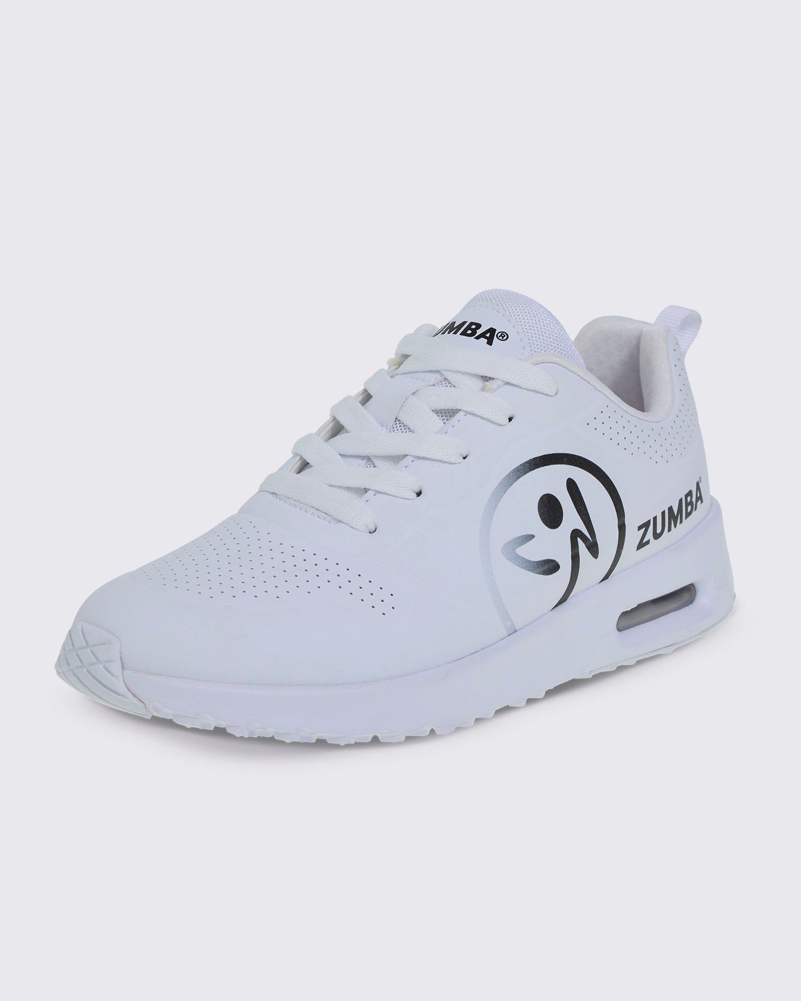 White Zumba sneaker with a large black Zumbito and black Zumba text on a white background.
