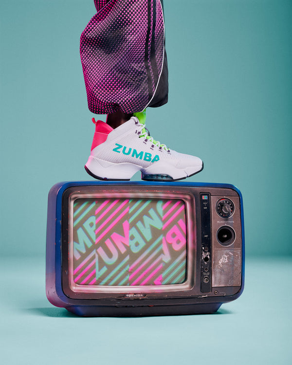 White high-top sneaker with aqua 