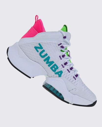 Right side view of a white sneaker, with green and purple accents and showing the aqua "ZUMBA" text across the mesh upper and a black outsole.