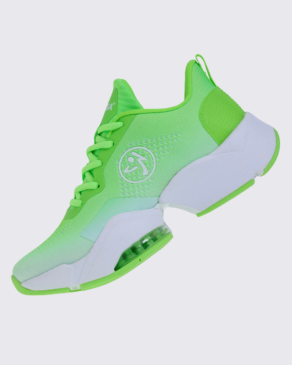 Left side view of a neon green sneaker tilted back, showing white 