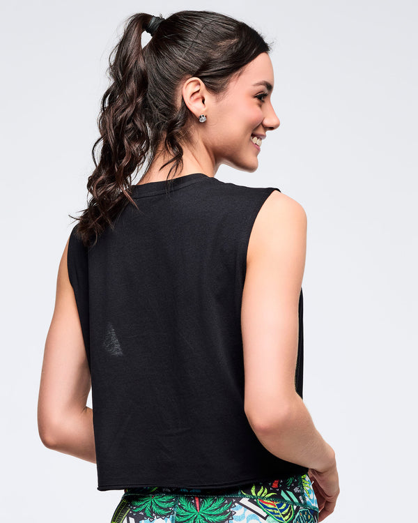 Black cropped sleeveless muscle tank with a crew neckline and raw-style arm openings, shown from the back on a female model with a high ponytail on a white studio background.