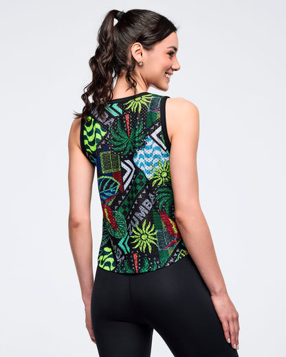 Back view of the tropical-print sleeveless tank with black trim on a female model, paired with high-waisted black leggings on a white background.