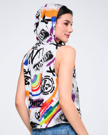 Female model, shown from the back, wearing a sleeveless hoodie with colorful designs and text on a white background.