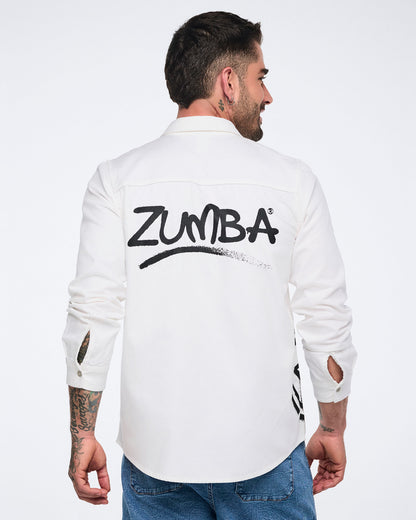 Male model shown from behind, wearing a white button-down shirt on a white background.