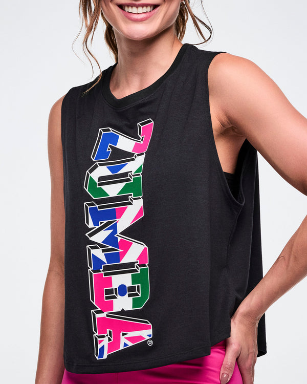 Close-up of a female model wearing a black sleeveless Zumba shirt with colorful text design on a white background.