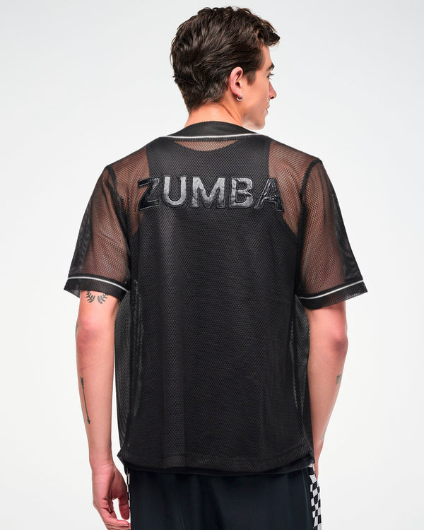 Shown from the back, male model wearing a black mesh baseball-style jersey with an embroidered 