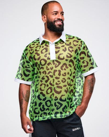 Male model wearing a green leopard print mesh polo with white collar.