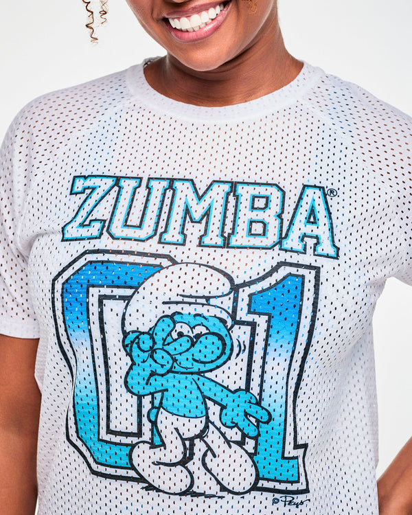 Close-up of the mesh top's graphic, showing the gradient blue '01', the dancing Smurf, and the open-hole mesh texture.