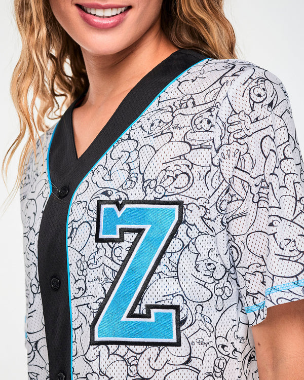 Close-up of the jersey's embroidered light blue 'Z' with black and white outlines, set on the white mesh beside the black placket, light blue piping, and black buttons.