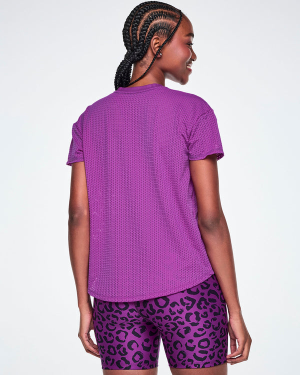 Back view of a female model wearing a purple Zumba short-sleeve mesh top, paired with purple leopard print biker shorts, against a white background.