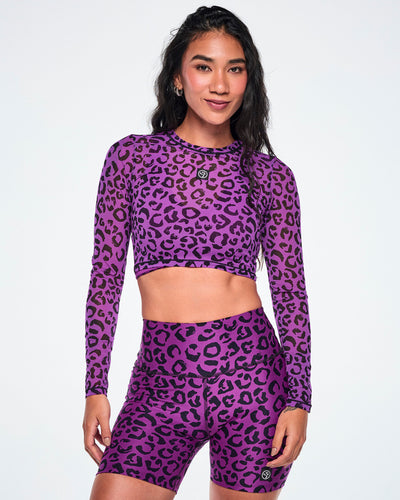 Ultrabright Long Sleeve Mesh Crop Top - Cheetah
