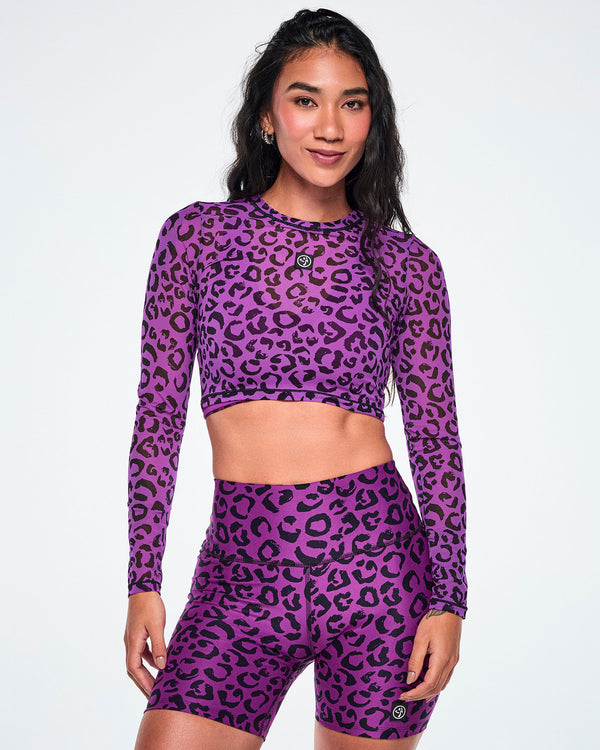 Ultrabright Long Sleeve Mesh Crop Top - Cheetah