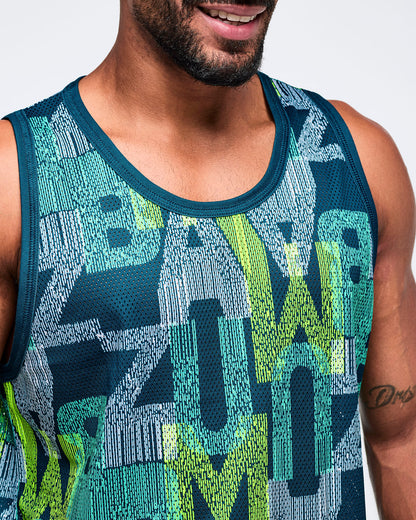 Close-up of the teal, navy, and lime “Zumba” graphic-print mesh tank top showing breathable mesh texture and contrast crew neckline on a male model.