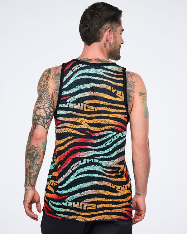 Male model wearing a sleeveless mesh tank in a black zebra-stripe print with multicolor brushstroke stripes in mint, yellow, orange, red, and beige, shown from the back with black trim and a relaxed fit.