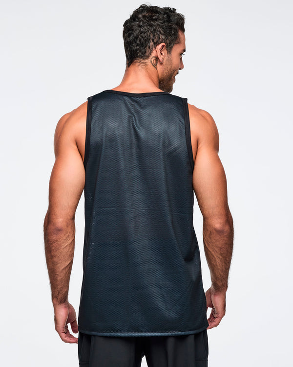 Black mesh sleeveless longline tank, shown from the back. A male model wears the tank with black pants against a light gray background.