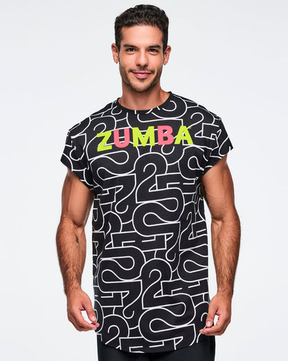 Black, long, round hem tee with an allover white 25 graphic and multicolor Zumba logo across the chest. A male model wears the short-sleeve tee with black pants against a light gray background.
