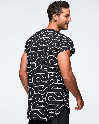 Black, long, round hem tee with an allover white 25 graphic, shown from the back. A male model wears the short-sleeve tee with black pants against a light gray background.