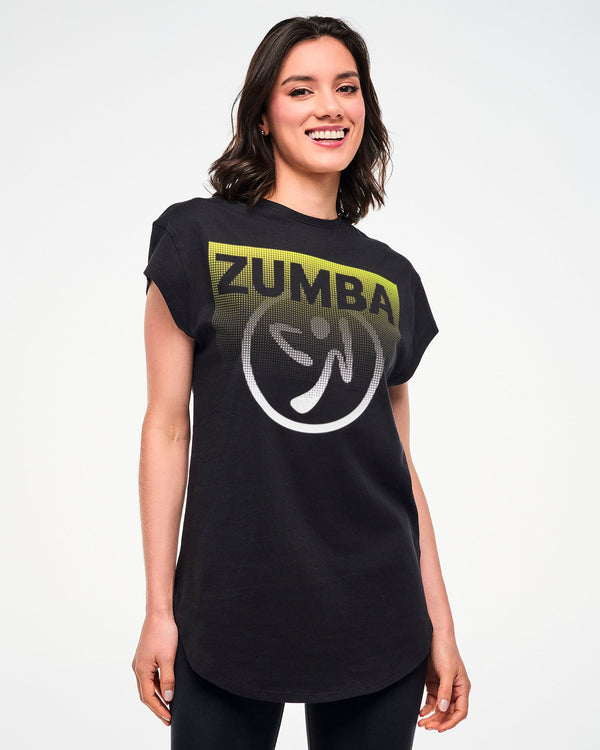 Female model wearing a black tee with a yellow-to-white gradient 