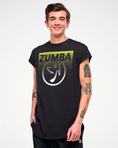 Male model wearing a black cap-sleeve tee with a yellow-to-white gradient "ZUMBA" logo and Zumbito graphic.