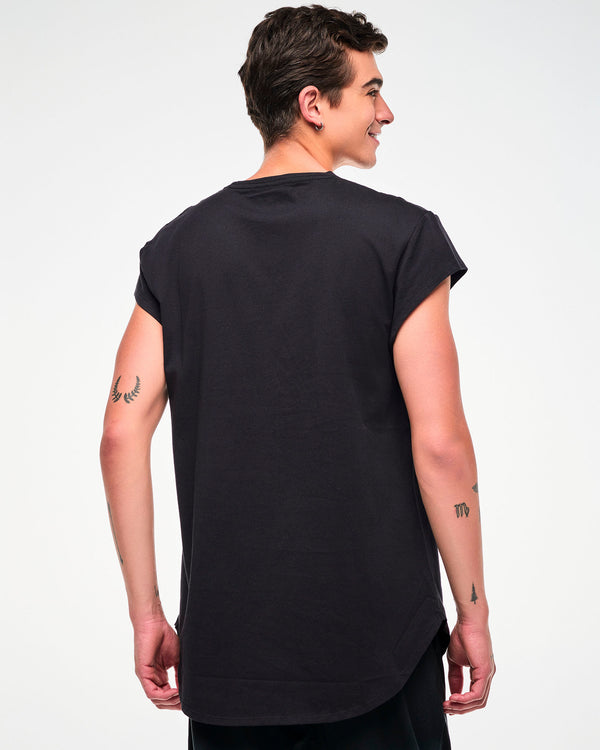 Shown from the back, male model wearing a black cap-sleeve tee with a curved hem.