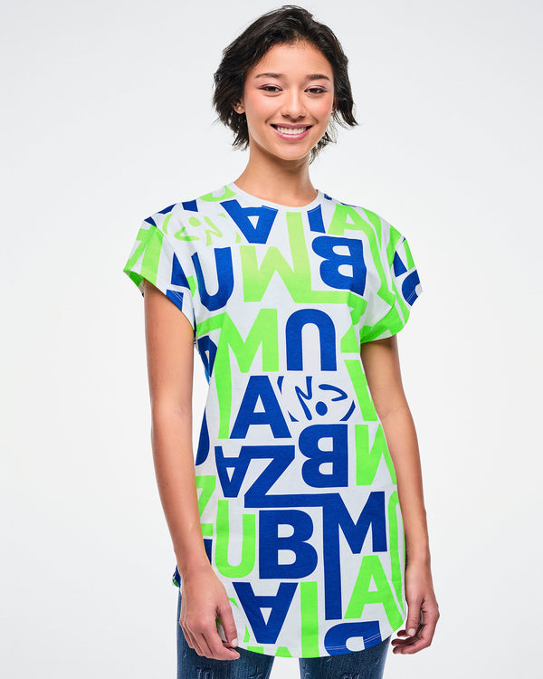 Female model wearing a colorful t-shirt with 