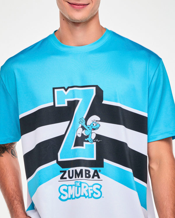Close-up of the blue and white mesh top's front graphic, showing the Smurf climbing on the varsity 'Z' and the textured mesh fabric.