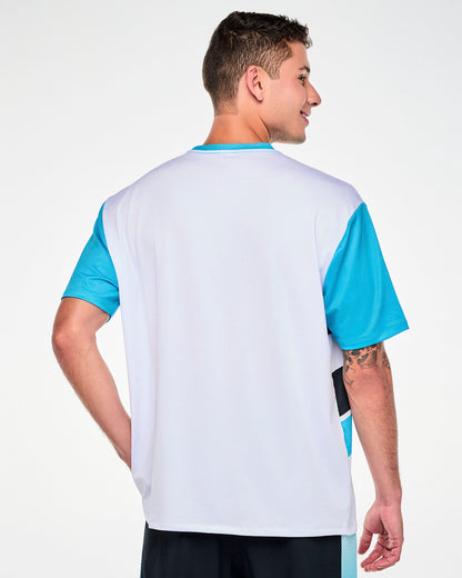 Back view of a male model in the blue and white Smurfs mesh top, showing a plain white back with blue sleeves and a blue crew neck.