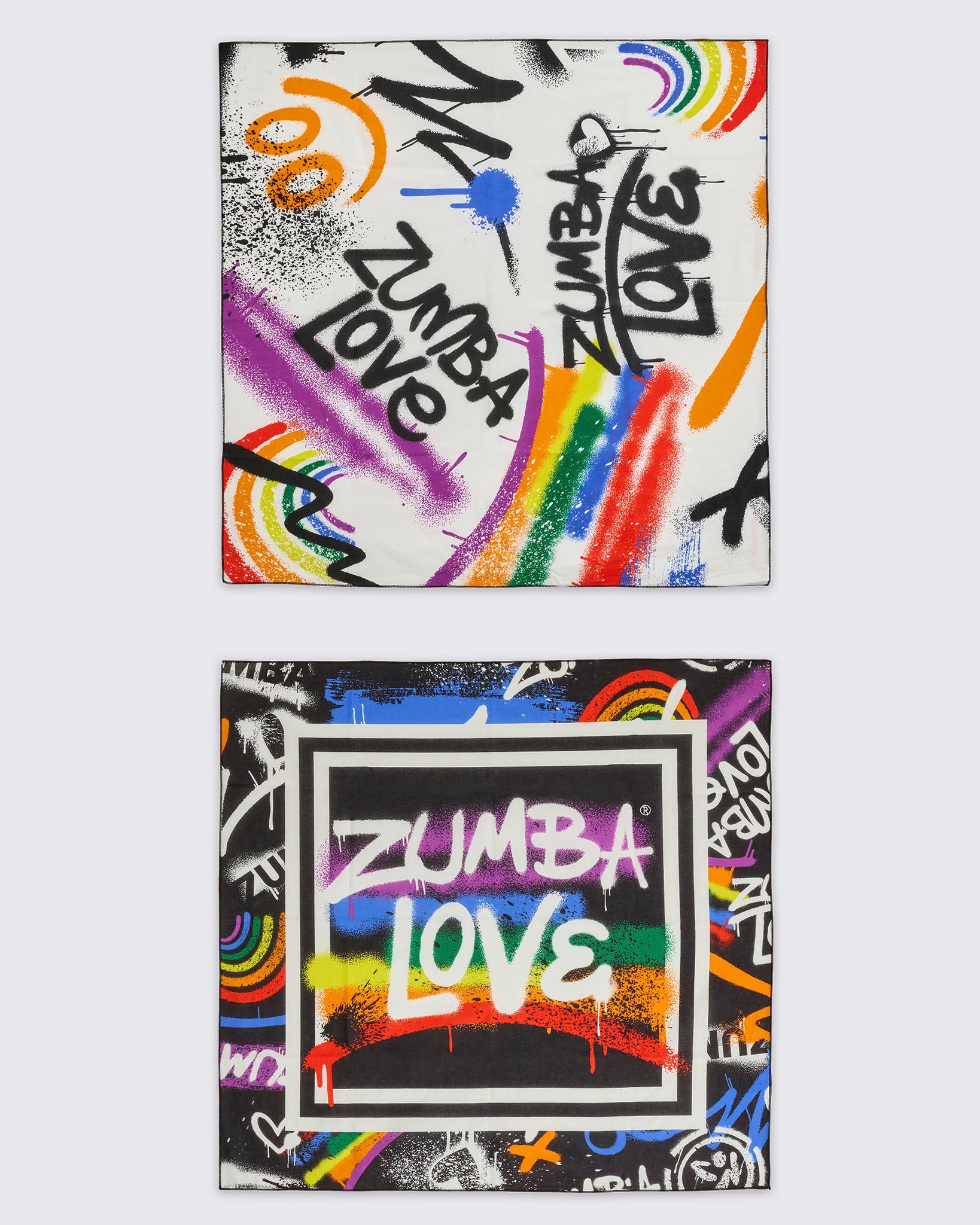 Two Zumba branded bandanas with colorful designs and 'Zumba Love' text on a white background.