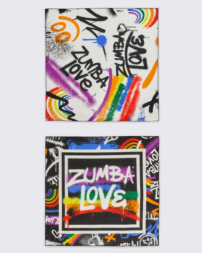 Two Zumba branded bandanas with colorful designs and 'Zumba Love' text on a white background.
