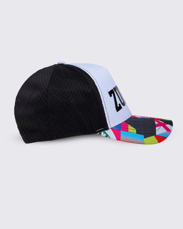 Right side view of the black and white cap with colorful bill.