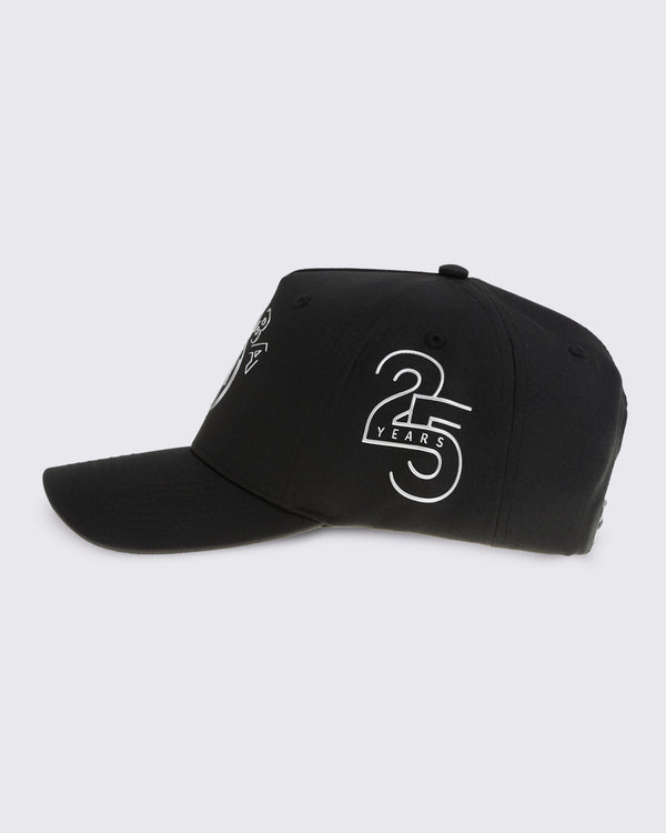 Black baseball cap with curved brim and silver 25 Years graphic on the side, shown in side view against a light gray background.