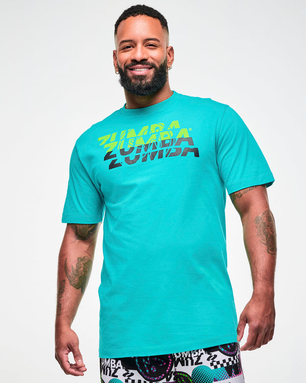 Male model wearing an aqua T-shirt with a layered 