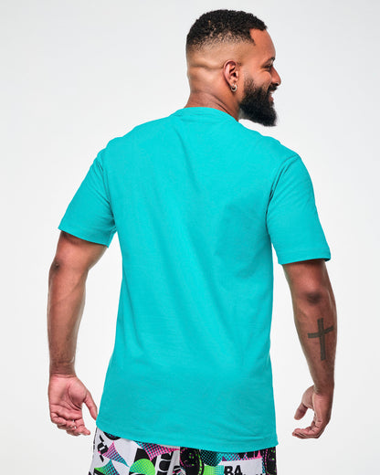 Back view of a male model wearing an aqua T-shirt.