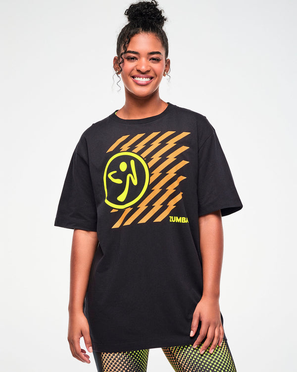 Female model wearing a black T-shirt with a yellow Zumbito logo and gold lightning bolt graphic and yellow 