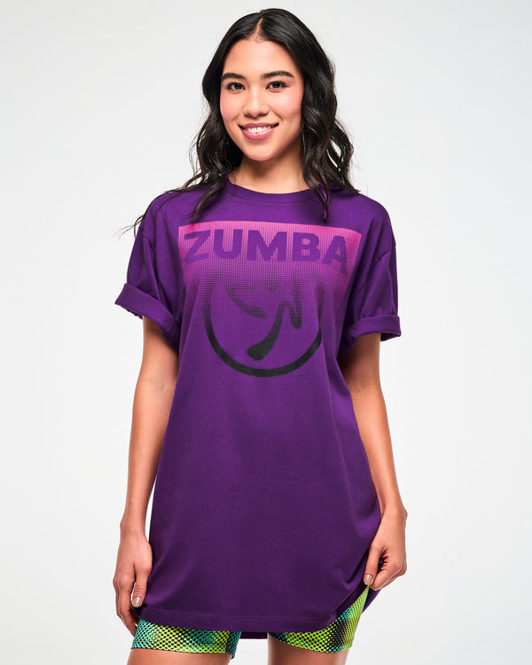 Female model wearing a purple T-shirt with a pink 
