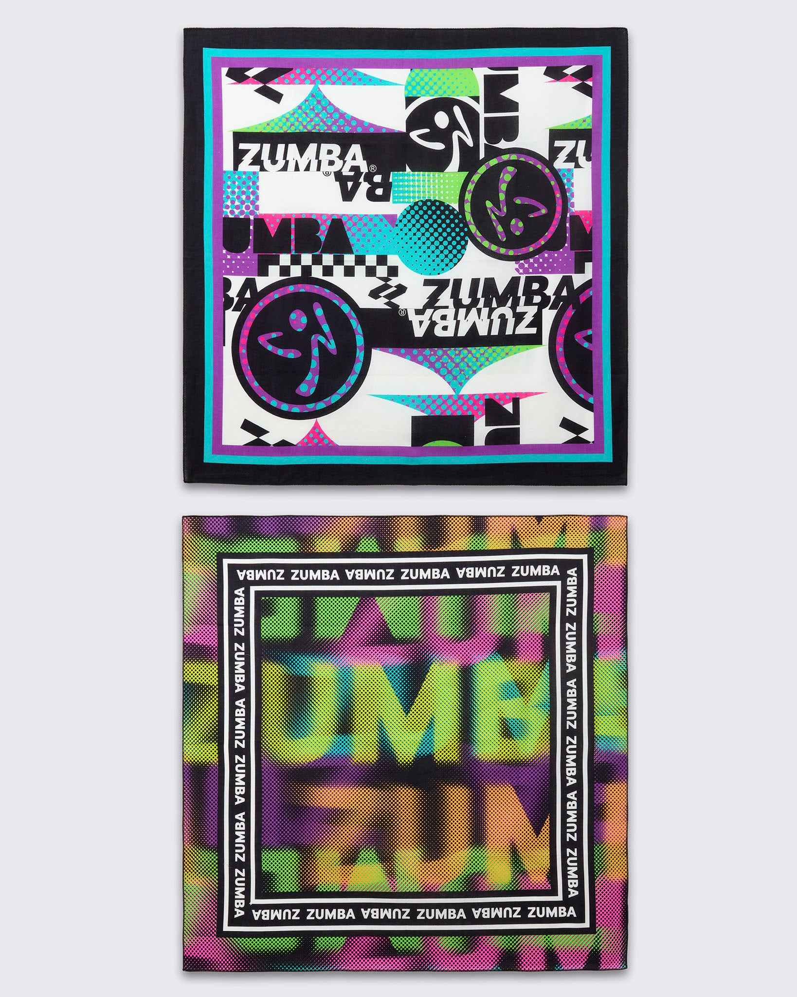 Two square bandanas: one white with a purple, aqua, and black retro Zumba print, and one with a colorful halftone blurred "ZUMBA" text.