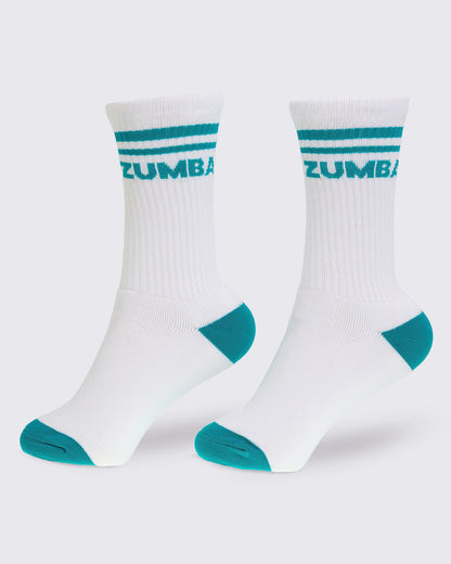 White crew socks featuring aqua stripes, an aqua heel and toe, and aqua "ZUMBA" text.